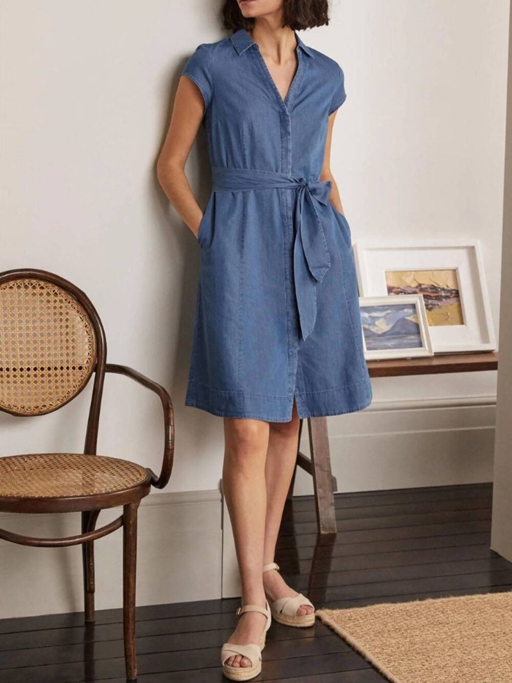 Boden Short Sleeve Shirt Dress Denim Chambray 10 Blue Rowena